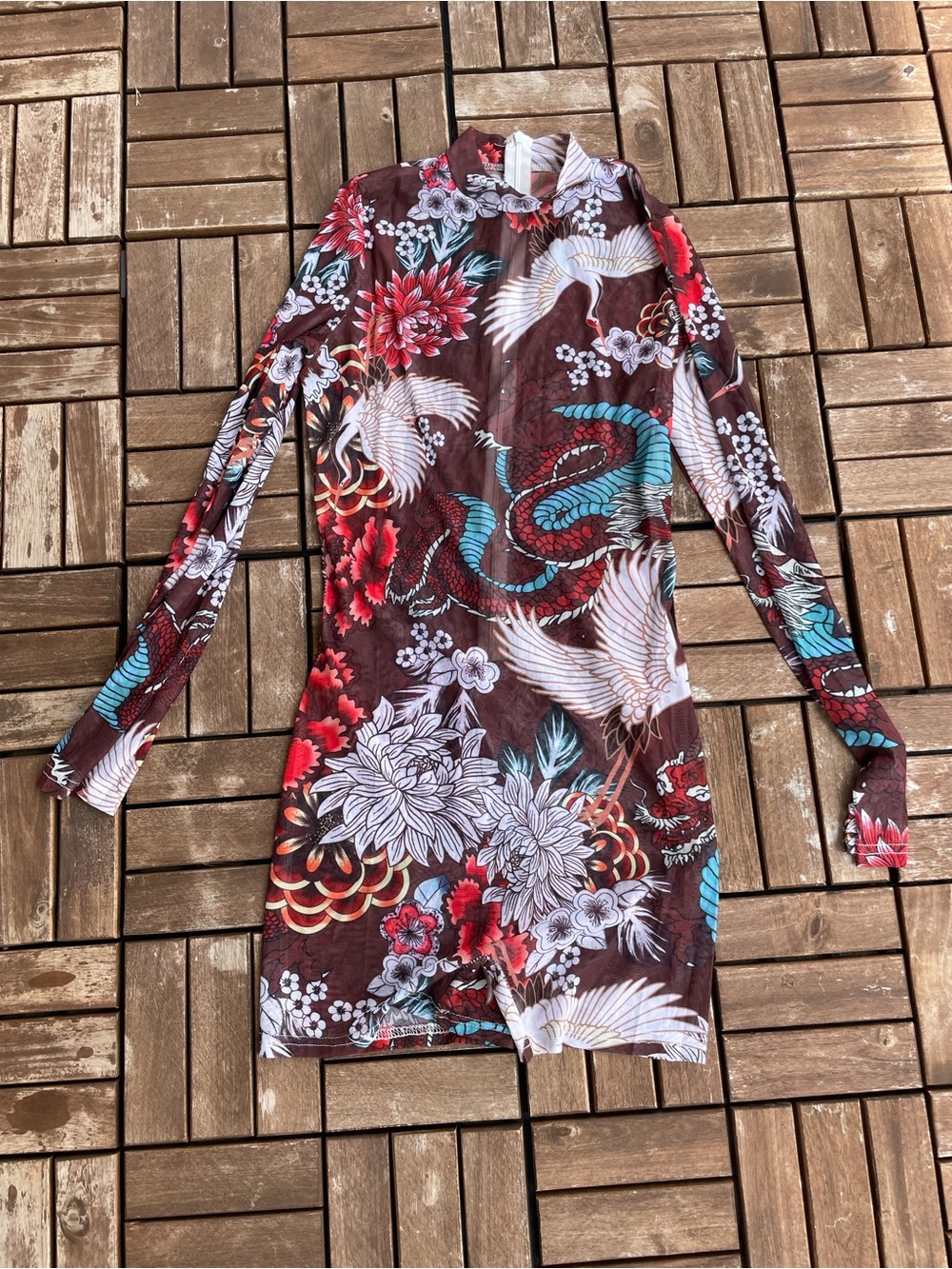 Floral Dragon Print Long-Sleeve romper - Brown & Red